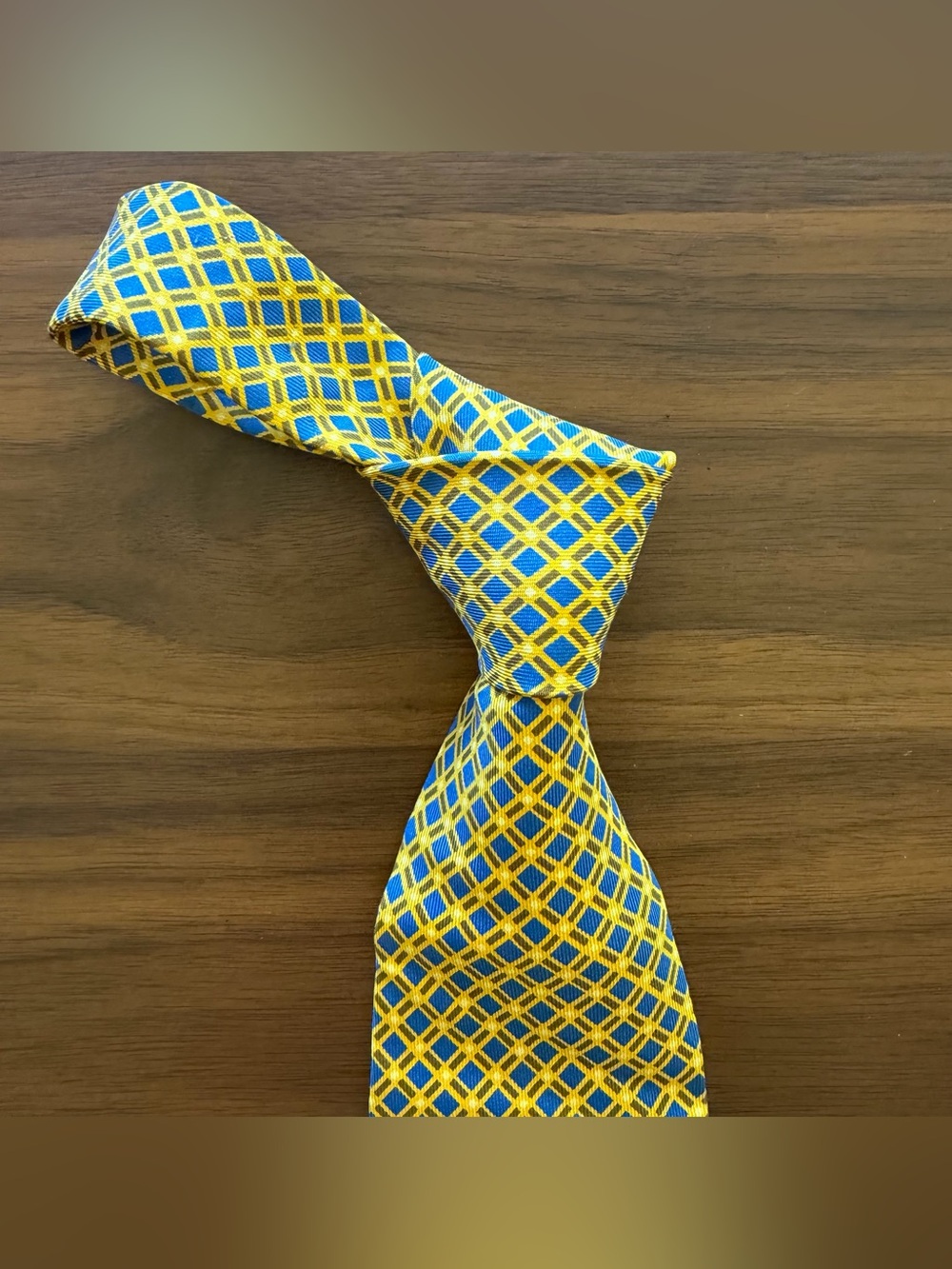 Drakes Yellow and Blue Geometric Silk Tie